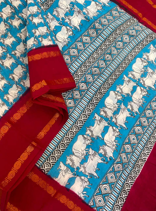Madurai Sungudi soft cotton | sky blue x red |pichwai x rettaipet Zari border