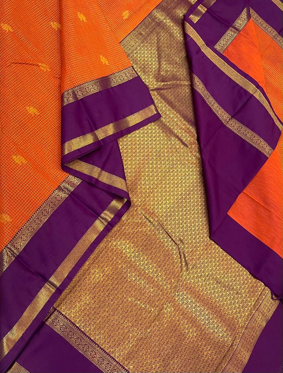 Semi Silk soft Cotton Sarees | korvai Rettaipet border X muthu kattam | 🧡 orange x dark violet NKV11