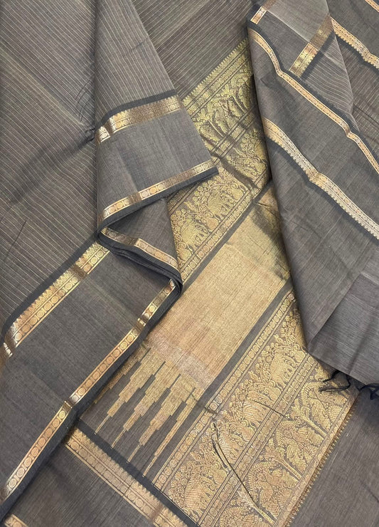 Pure Handloom Kanchi rich Cotton Saree | grey x gold  | zari woven  rettaipet border x oosivanam