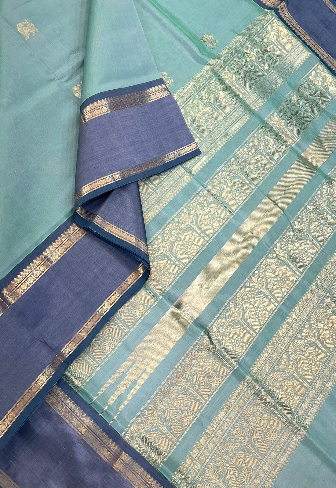 Kanchi Silk Cotton Sarees | yhazli X rettaipet border | pastel skyblue X grey