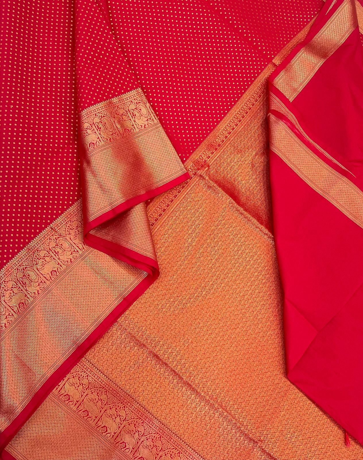 Vegan Silk Sarees Online | red X gold  | banarasi type rich zari