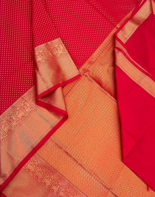 Vegan Silk Sarees Online | red X gold  | banarasi type rich zari