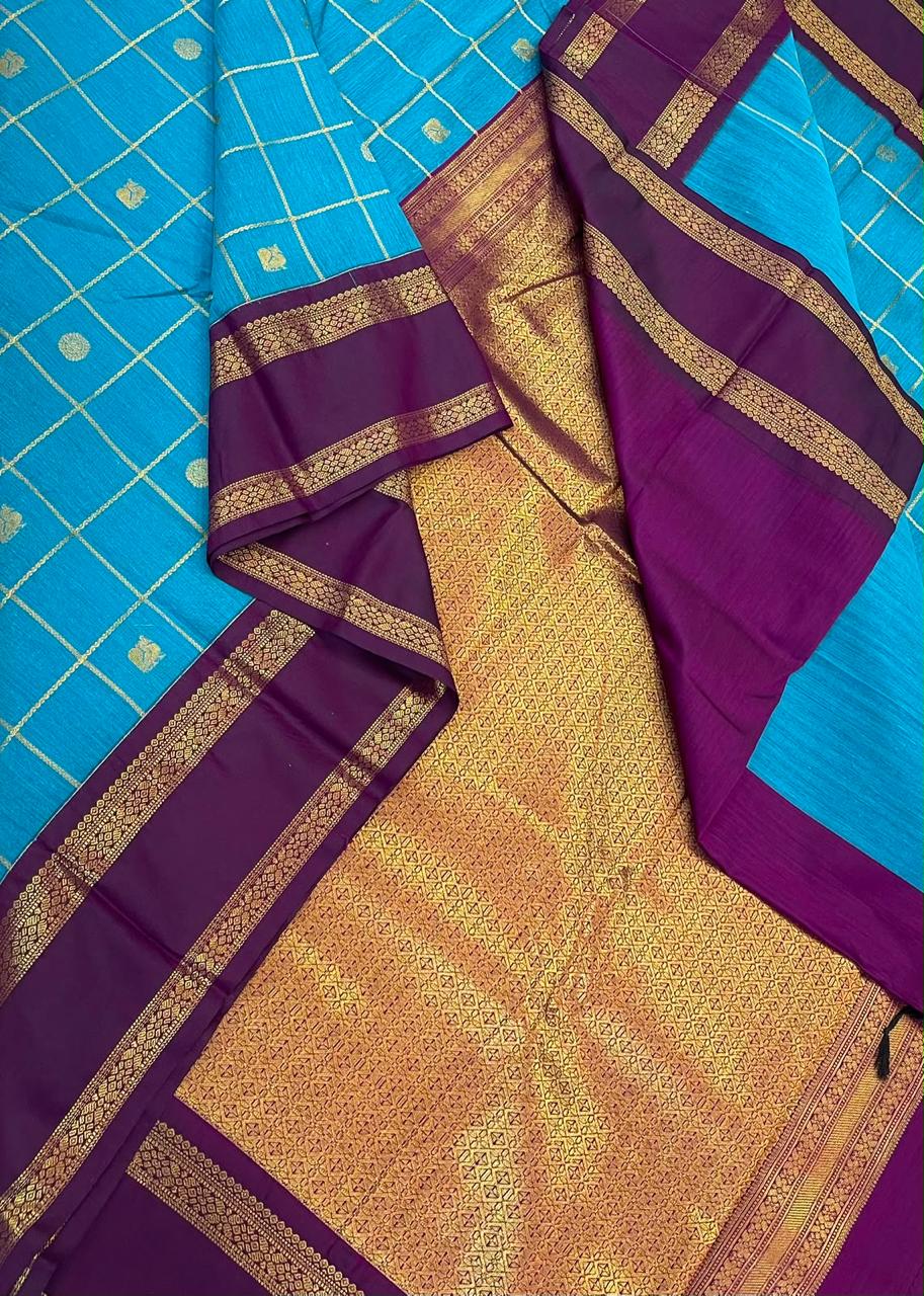 Semi Silk soft Cotton Sarees | korvai Rettaipet border X mayil chakram kattam | sky blue x dark violet | NKV11
