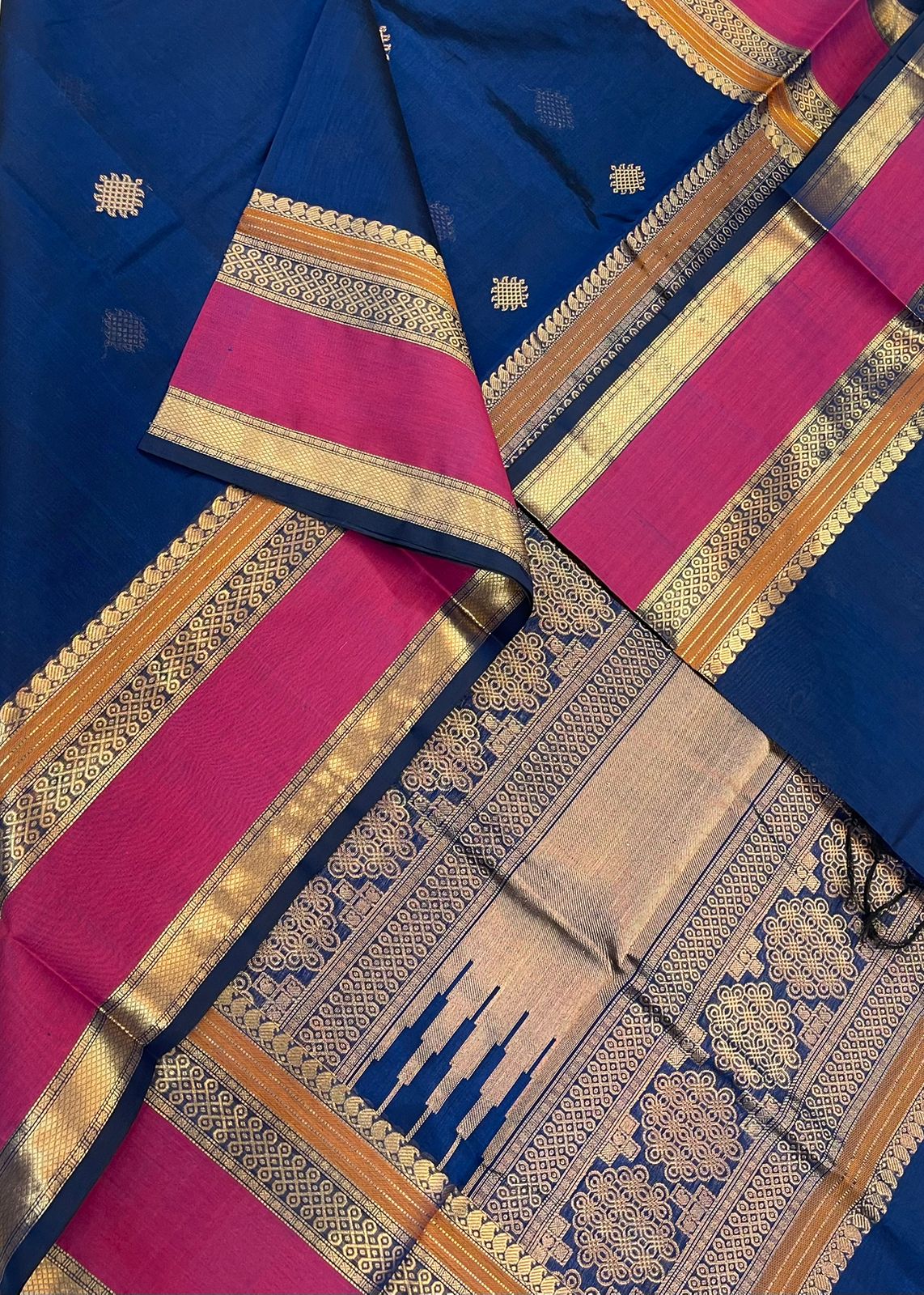Kanchi Silk Cotton Sarees | luxury silk cotton | rettaipet border X kolam motif| blue x pink