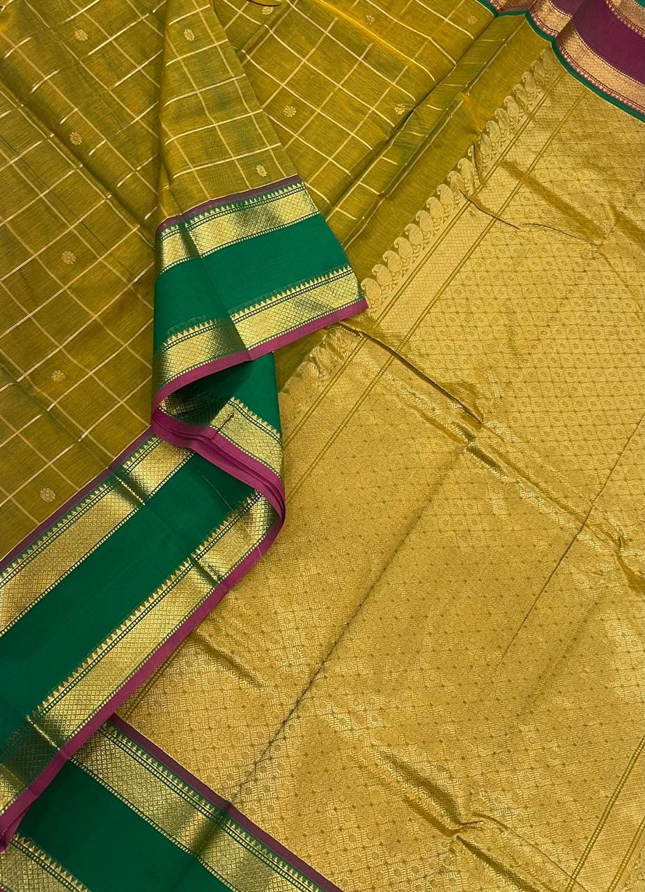 Kanchi mercerised soft cotton | parrot green x ganga jamuna | Zari rettaipet border x zari kattam butta