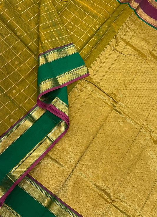 Kanchi mercerised soft cotton | parrot green x ganga jamuna | Zari rettaipet border x zari kattam butta