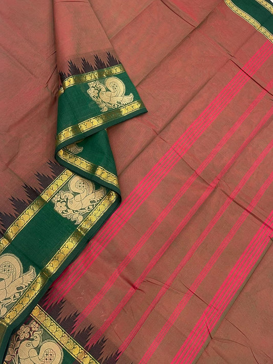 Kanchi soft cotton |mayil butta x Zari rettaipet border | twotone brown x green