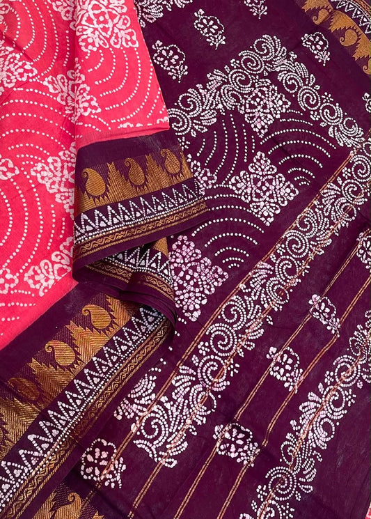Madurai Sungudi soft cotton | pink  x marron | tiny Zari border