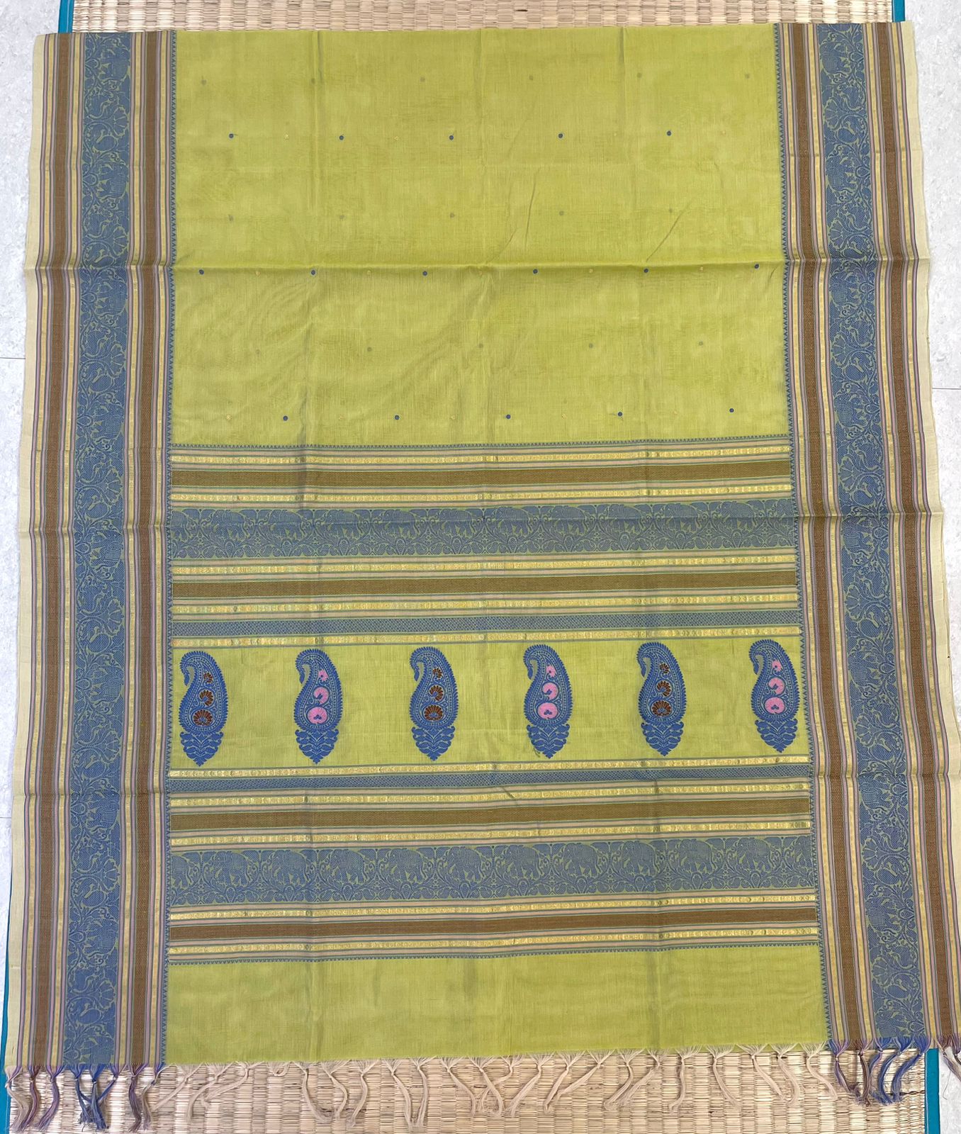 Kanchi Silk Cotton Sarees | rettaipet thread woven border  x thread woven pallu   | pastel green💚 X blue