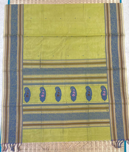 Kanchi Silk Cotton Sarees | rettaipet thread woven border  x thread woven pallu   | pastel green💚 X blue