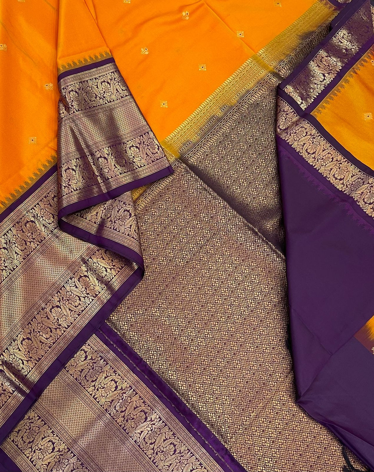 Vegan Silk Sarees Online | meena motif X rich zari border  | mango yellow x violet