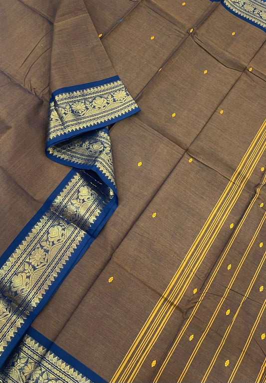 Kanchi soft cotton |zari border  | dark grey x blue small border