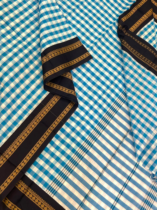 Pure Handloom Kanchi rich Cotton Saree | kattam X white x blue X black  | thread Korvai rettaipet border