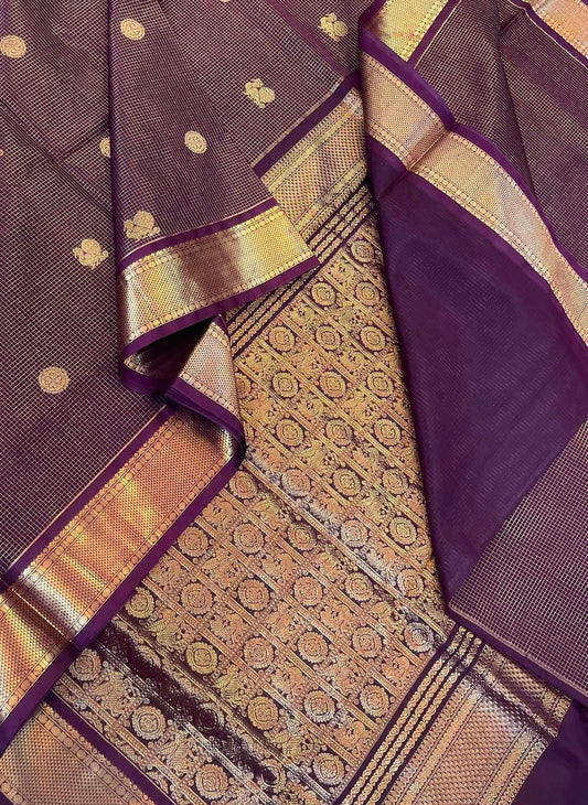 Kanchi Silk Cotton Sarees | bavanchi zari border  x muthukattam x mayil chakram | dark burgandy violet