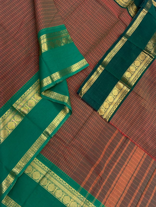 Kanchi soft cotton | kattam Zari rettaipet border x ganga jamuna | brown x green
