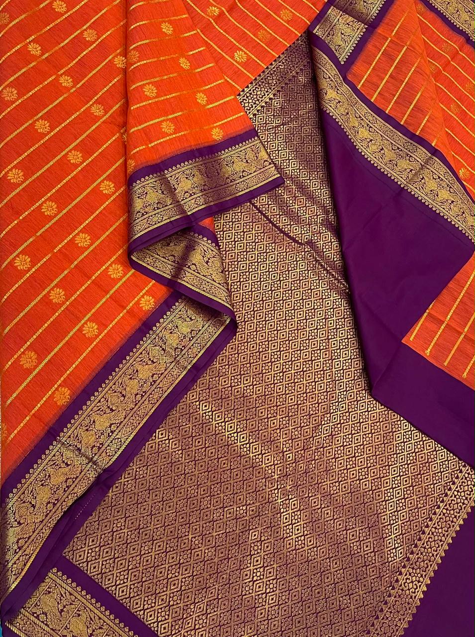 Semi Silk soft Cotton Sarees | korvai  border X  veldhari  | orange 🍊 x dark violet | NKV11
