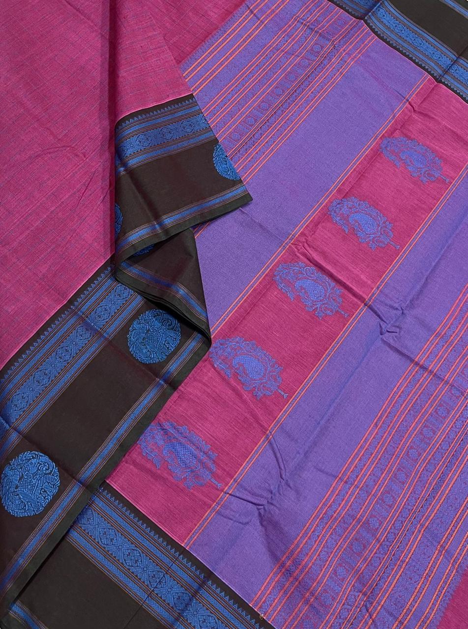 Pure Handloom Kanchi rich Cotton Saree | rich thread border x kattam |  pink x blue