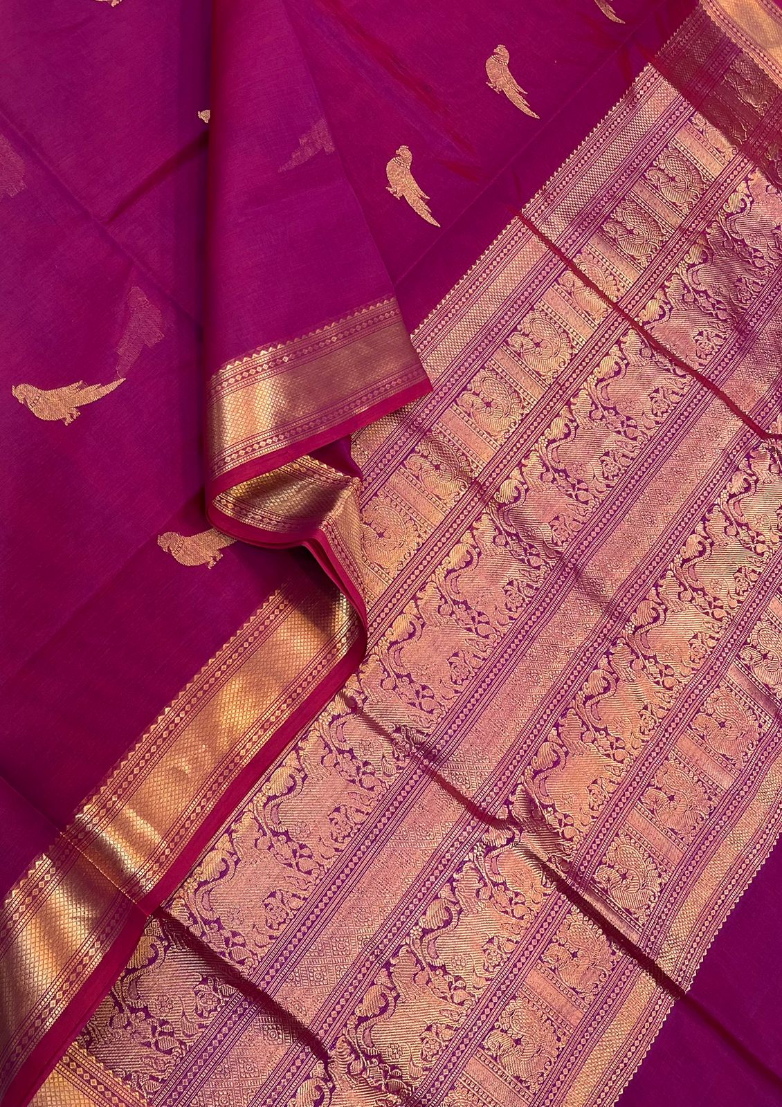 Kanchi Silk Cotton Sarees | killi motifs | majantha pink X gold
