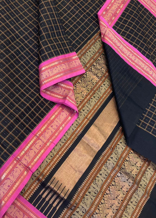 Kanchi Silk Cotton Sarees | 1000 butta  X rich pallu | black X pink