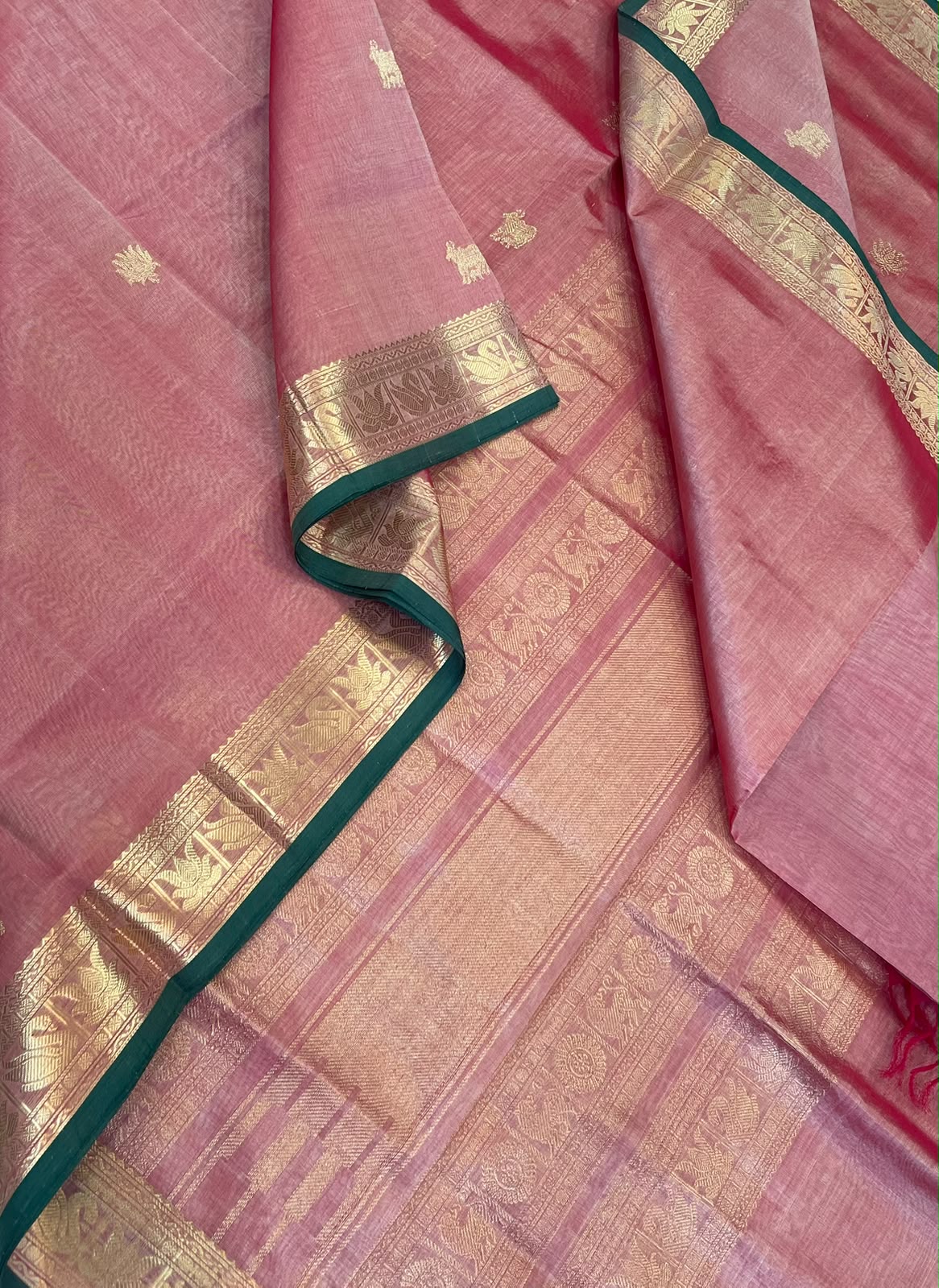 Kanchi Silk Cotton Sarees | luxury silk cotton | lotus x gomatha motif | tiny border | pastel pink x green