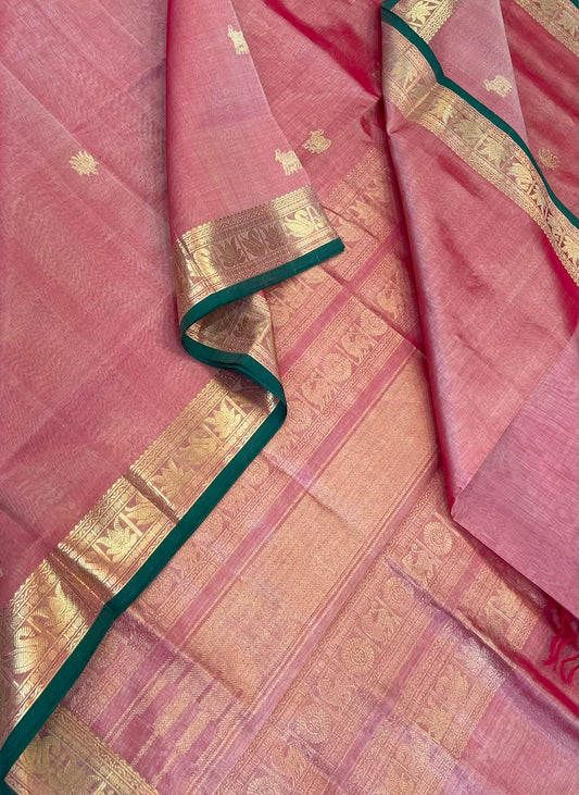Kanchi Silk Cotton Sarees | luxury silk cotton | lotus x gomatha motif | tiny border | pastel pink x green
