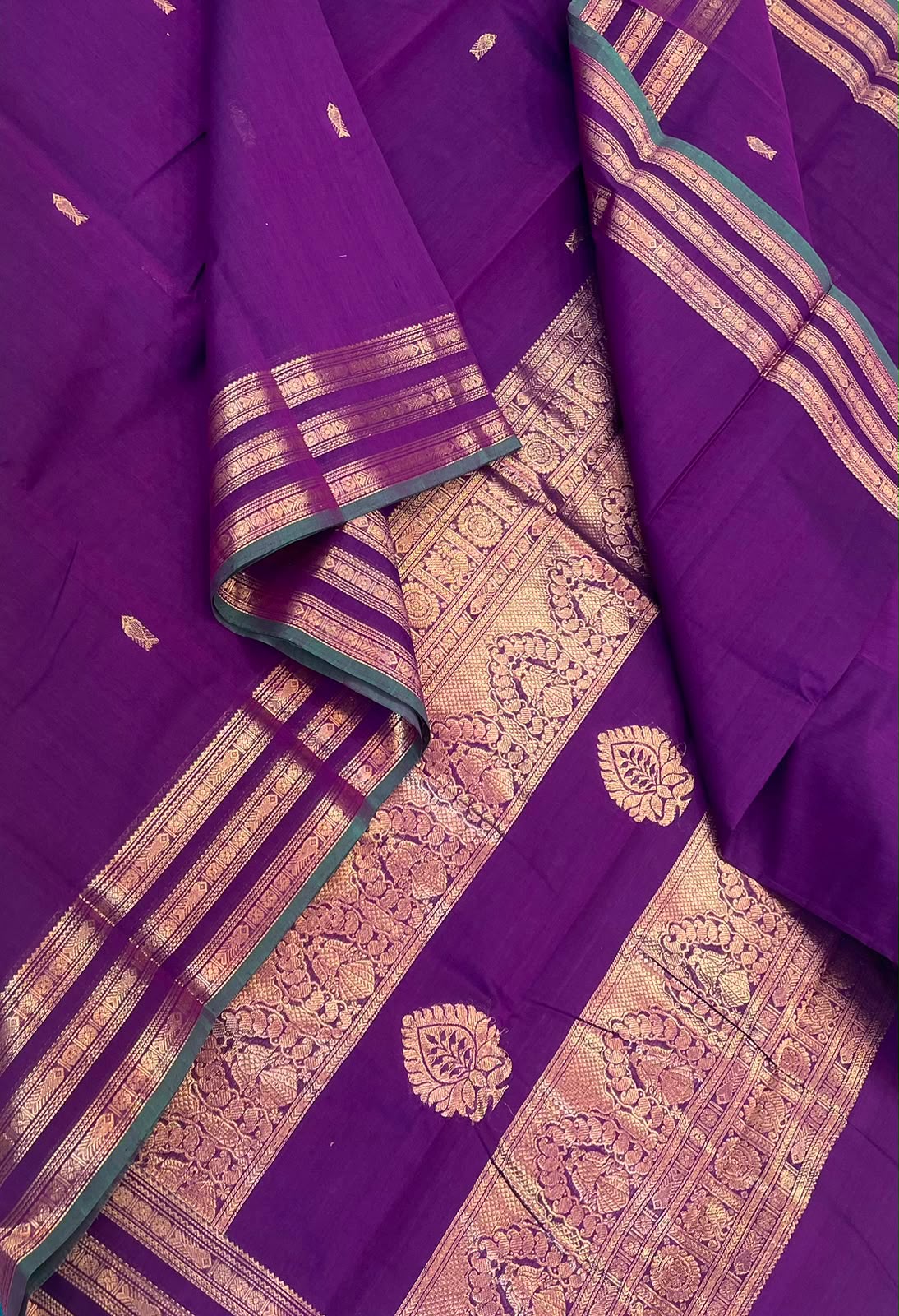 Pure Handloom Kanchi rich Cotton Saree | electric violet x green | triple zari border X rich handwoven zari pallu