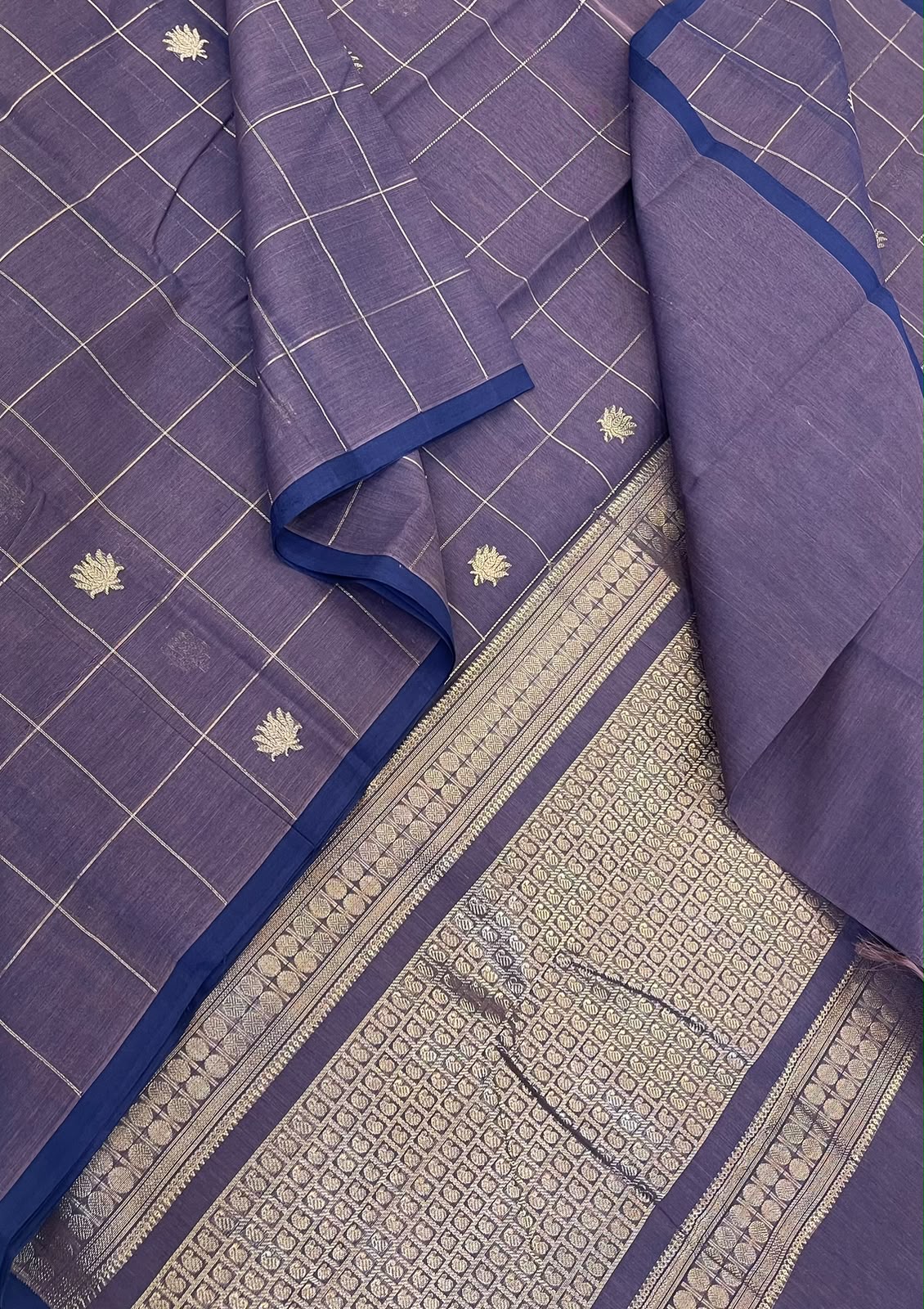 Pure Handloom Kanchi rich Cotton Saree | violet  |  zari woven kattam x lotus motif