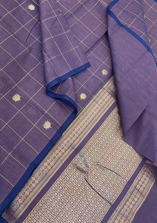 Pure Handloom Kanchi rich Cotton Saree | violet  |  zari woven kattam x lotus motif