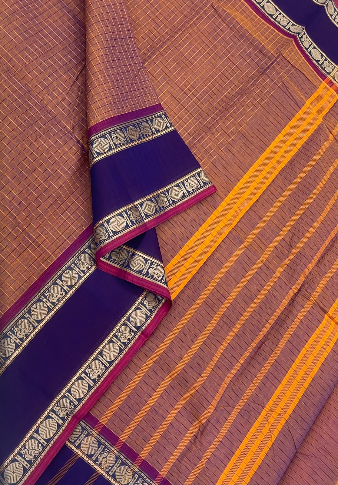 Kanchi soft cotton | mustard x blue | thread rettaipet border