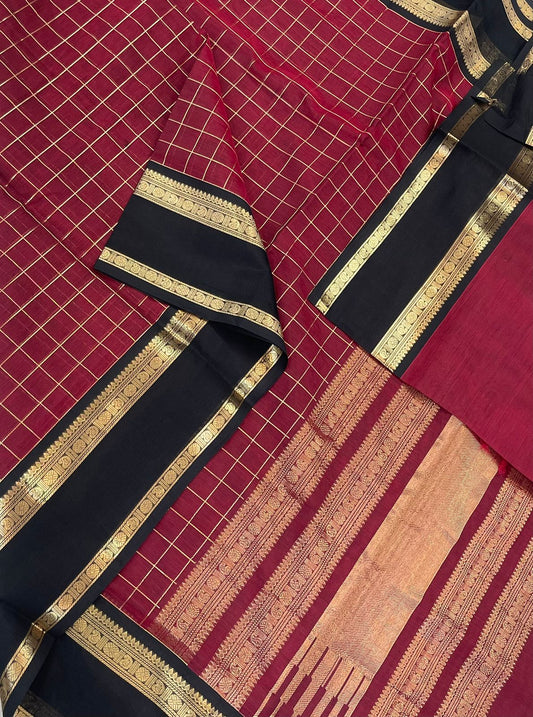 Kanchi Silk Cotton Sarees | zari kattam x rettaipet border | marron X gold x black