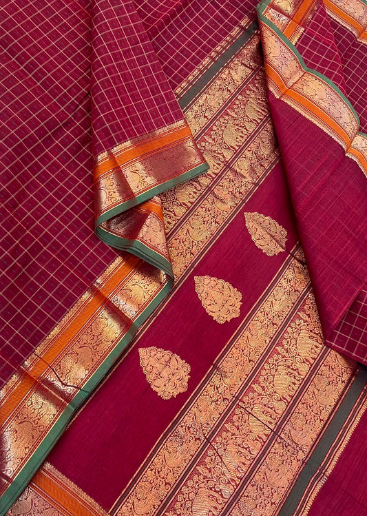 Pure Handloom Kanchi rich Cotton Saree | marron x gold  | zari woven  border x 1000 Mazhai thuli motif