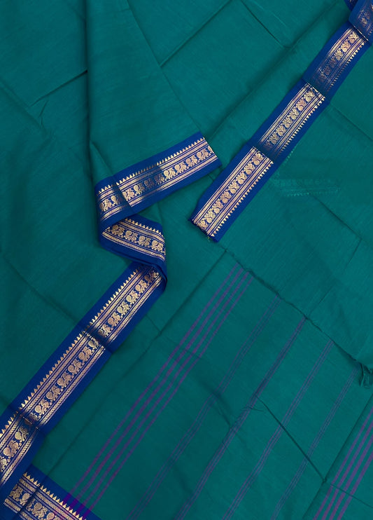 Kanchi soft cotton | Zari tiny border | cyan blue X royal blue
