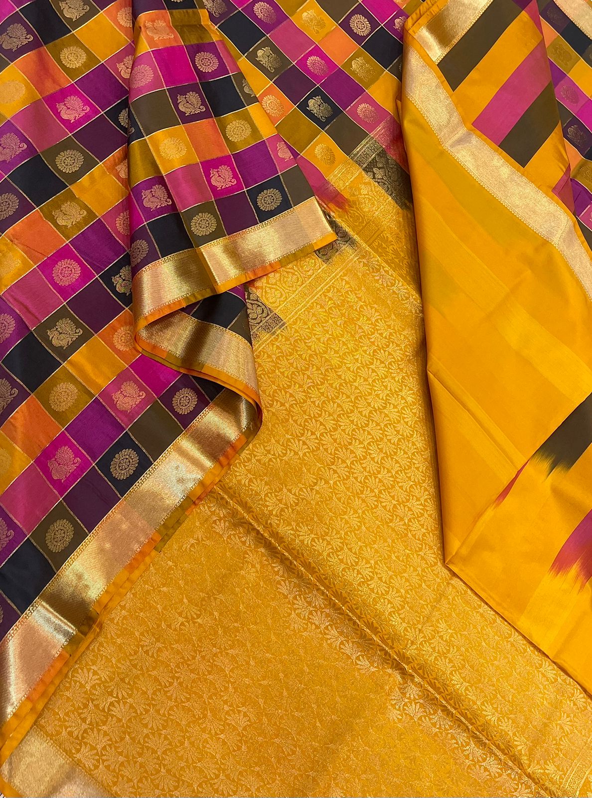 Vegan Silk Sarees Online | Palum Pazhamum kattam X gold | pink X manjal X burgundy x brown