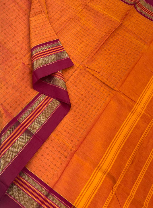 Kanchi soft cotton |zari border  X plus BUTTA| orange x burgandy