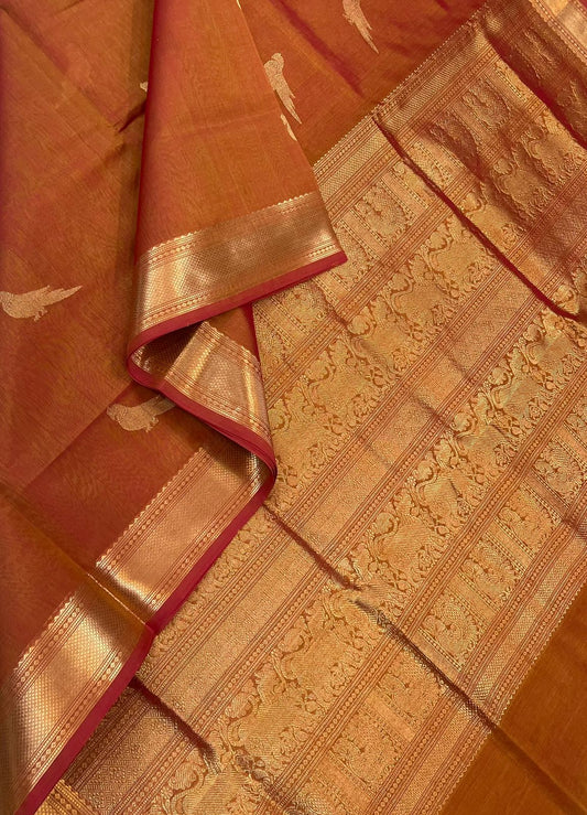 Kanchi Silk Cotton Sarees | killi motifs | rust golden orange X gold
