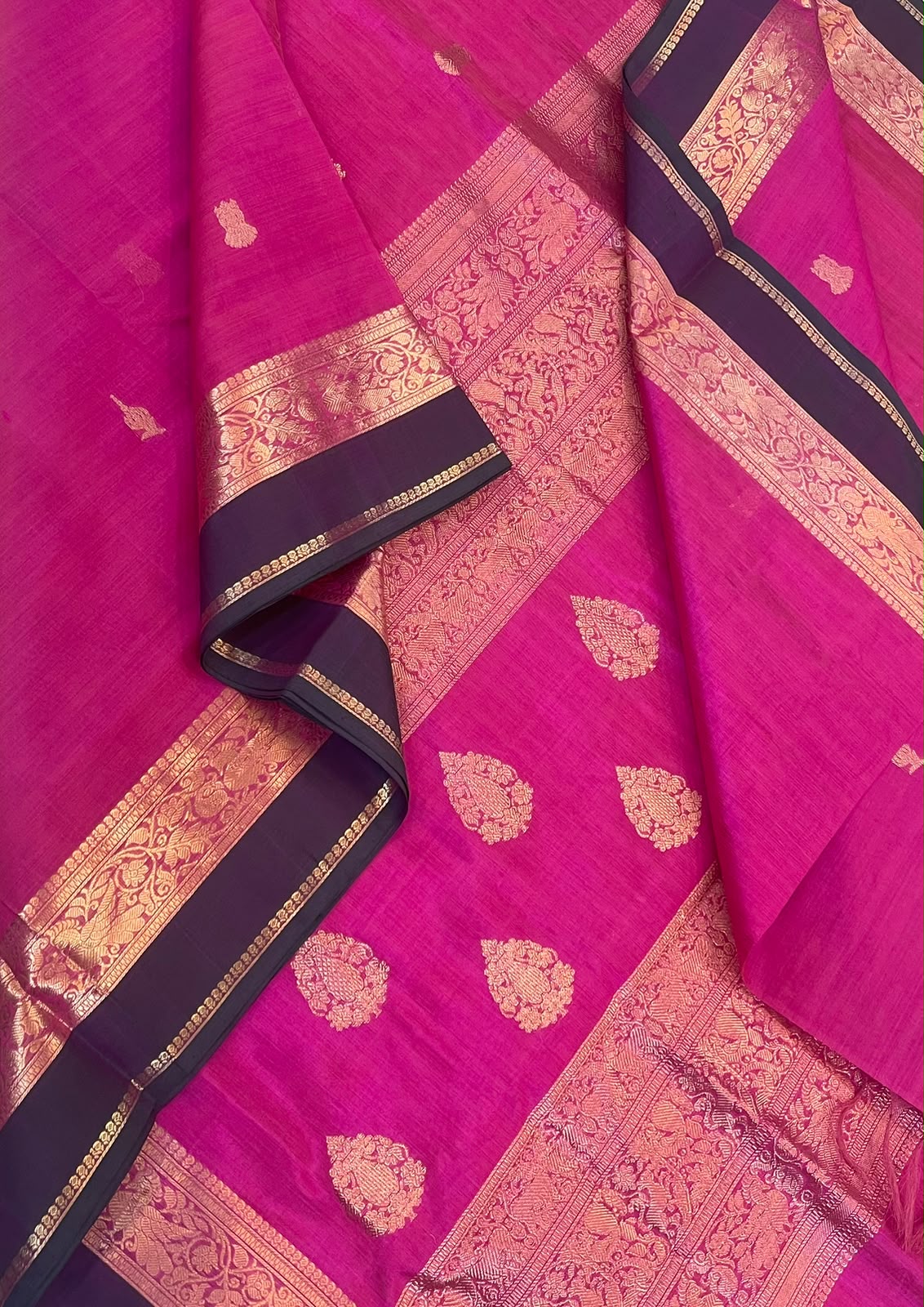 Kanchi Silk Cotton Sarees | zari tiny lotus buds motif X rich zari  pallu X zari border | rani pink x violet