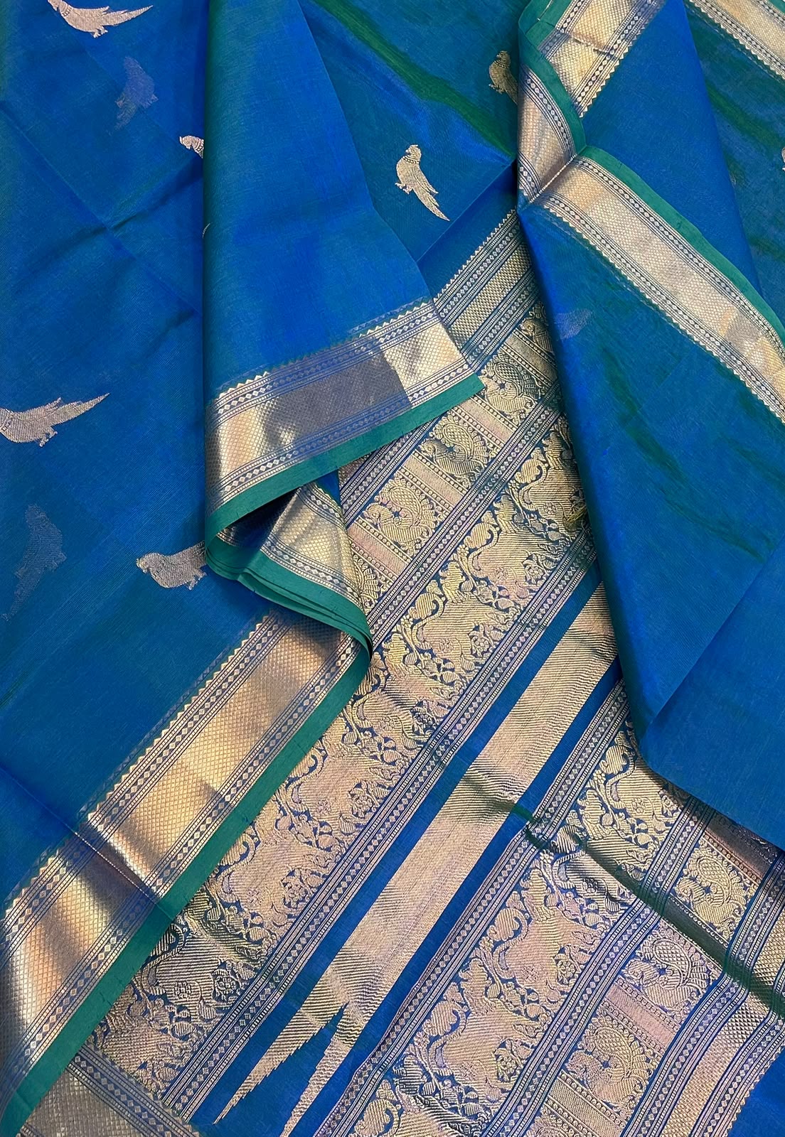Kanchi Silk Cotton Sarees | luxury silk cotton | killi motif x rettaipet border | peacock blue