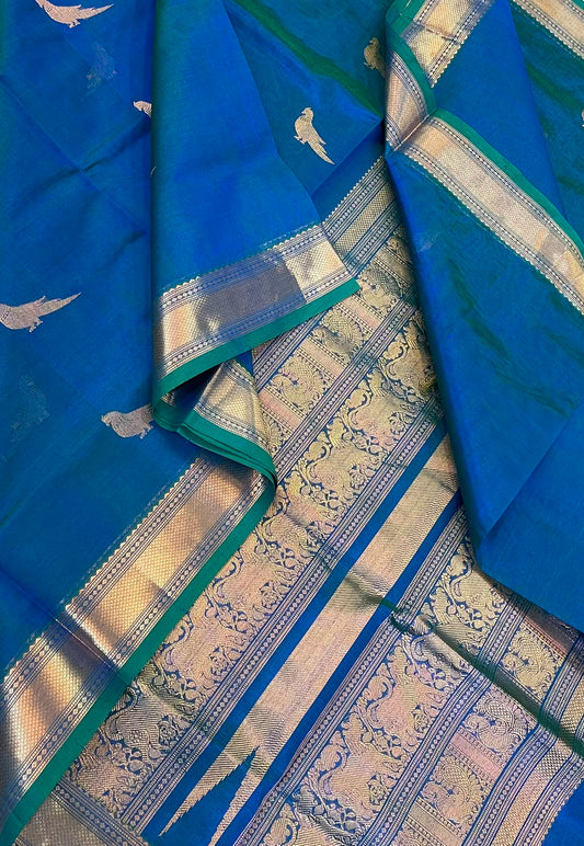Kanchi Silk Cotton Sarees | luxury silk cotton | killi motif x rettaipet border | peacock blue