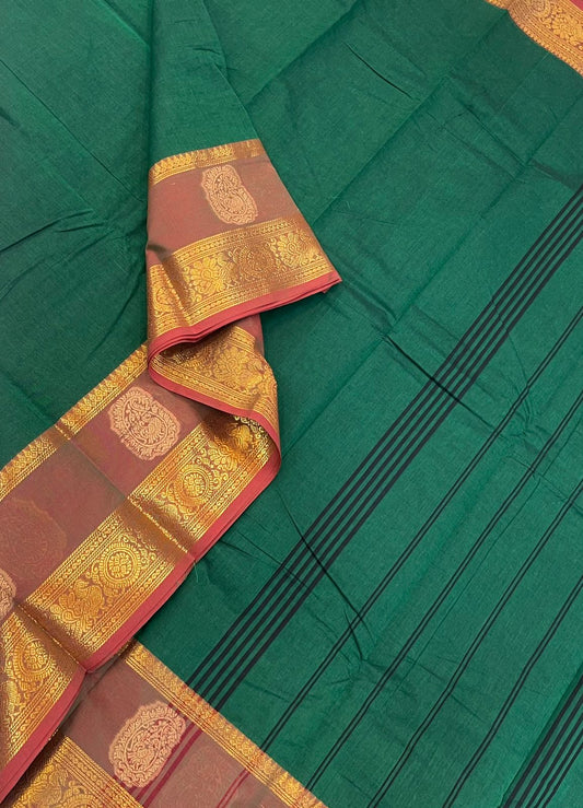 Kanchi soft cotton | bottle green X brick  |  rettaipet zari border X mango peacock