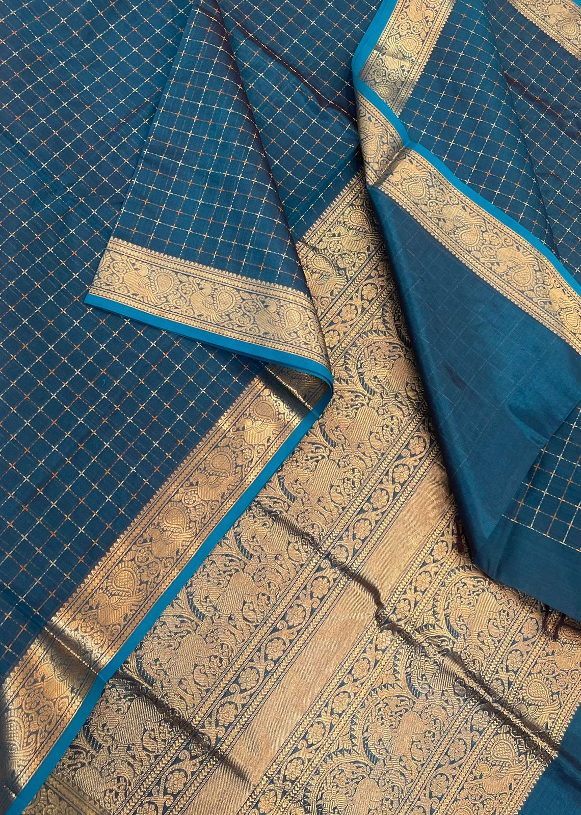 Kanchi Silk Cotton Sarees | zari annam border  x plus butta  | cyan blue  X gold