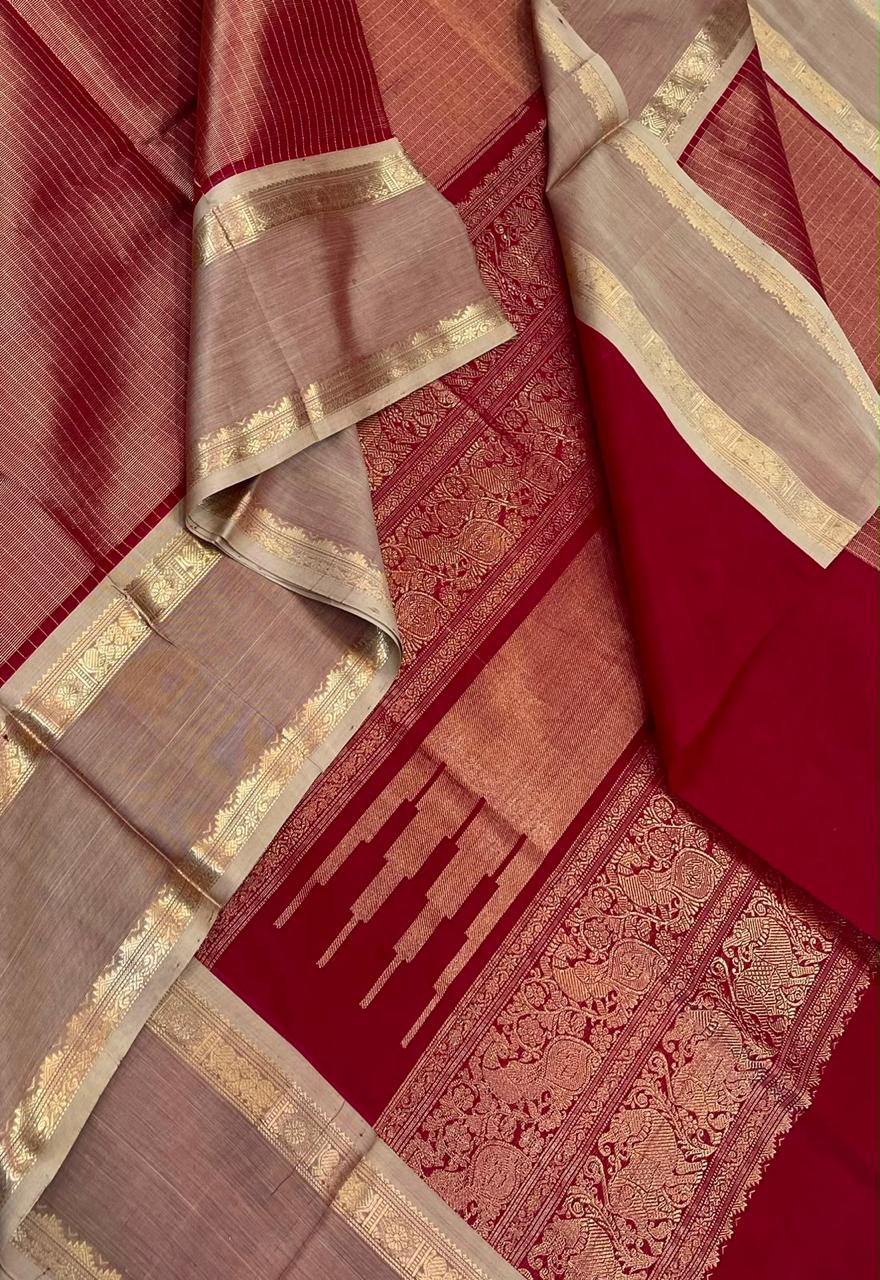 Kanchi tissue Silk Cotton Sarees | rettaipet zari woven border  x tissue body   | red X beige