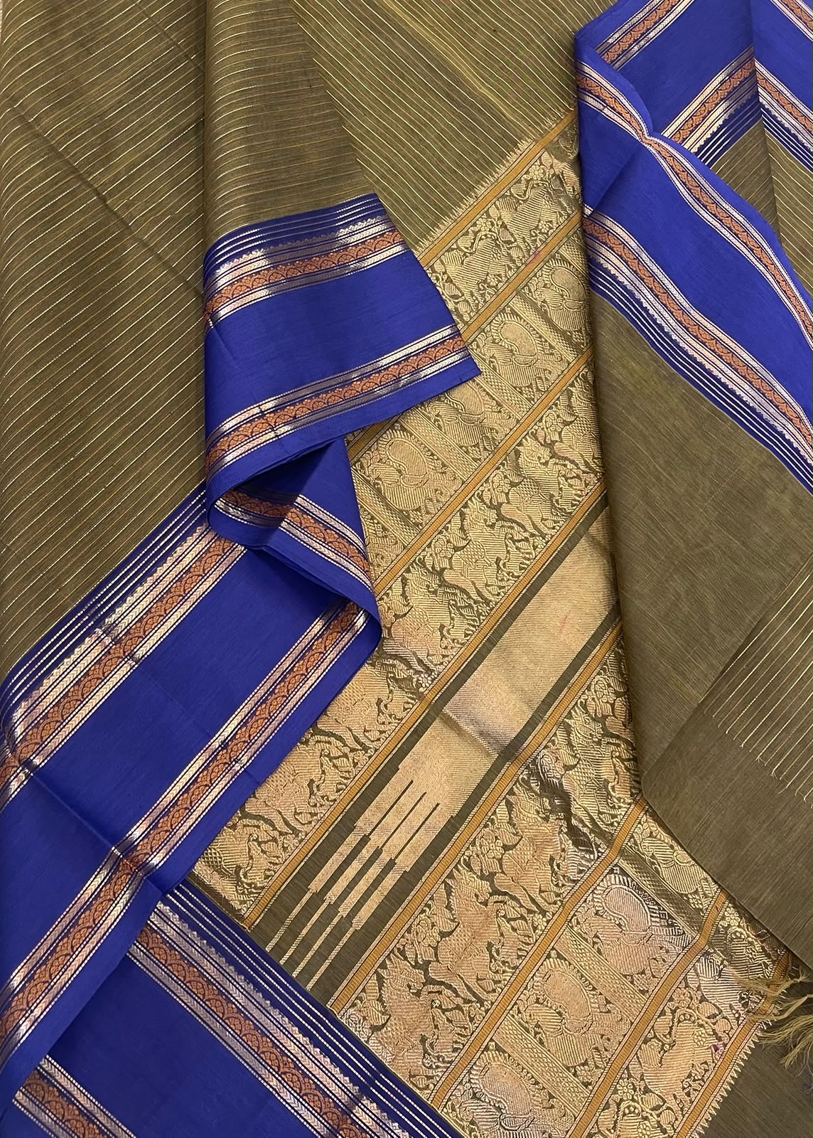 Kanchi Silk Cotton Sarees | luxury silk cotton |oosi vanam x rettaipet border | earth green x blue