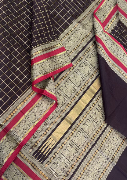 Kanchi Silk Cotton Sarees | thread border  x zari kattam | black X red