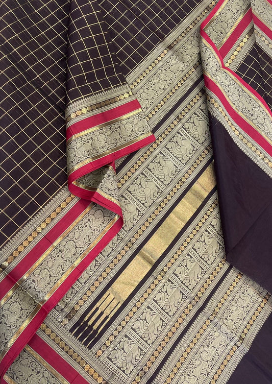 Kanchi Silk Cotton Sarees | thread border  x zari kattam | black X red