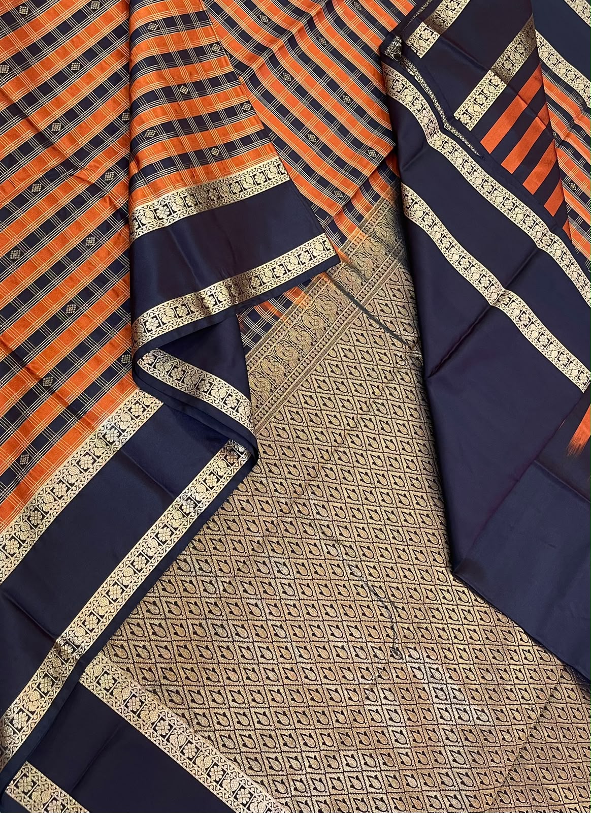 Vegan Silk Sarees Online | orange x black| multi check x rettaipet border
