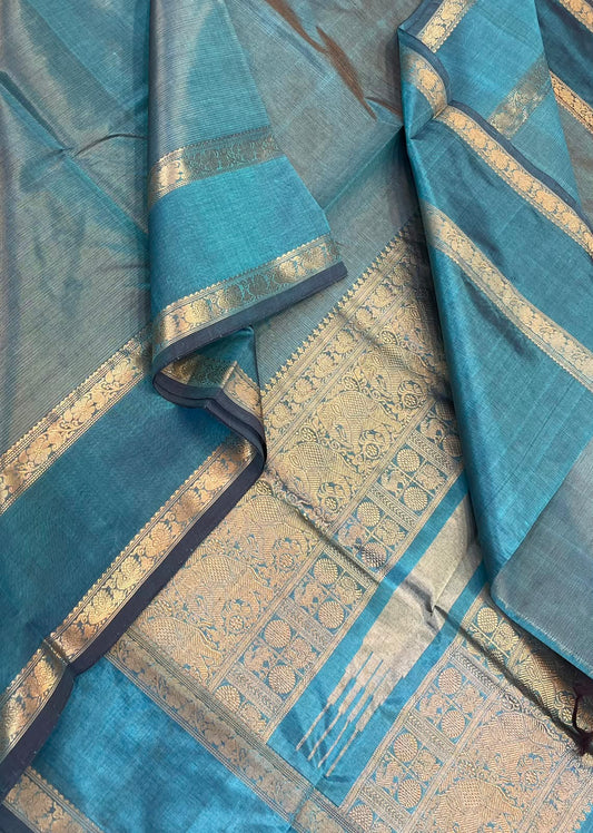 Kanchi Silk Cotton Sarees | luxury tissue silk cotton | intricate VAIRAOOSI X rettaipet | sky blue