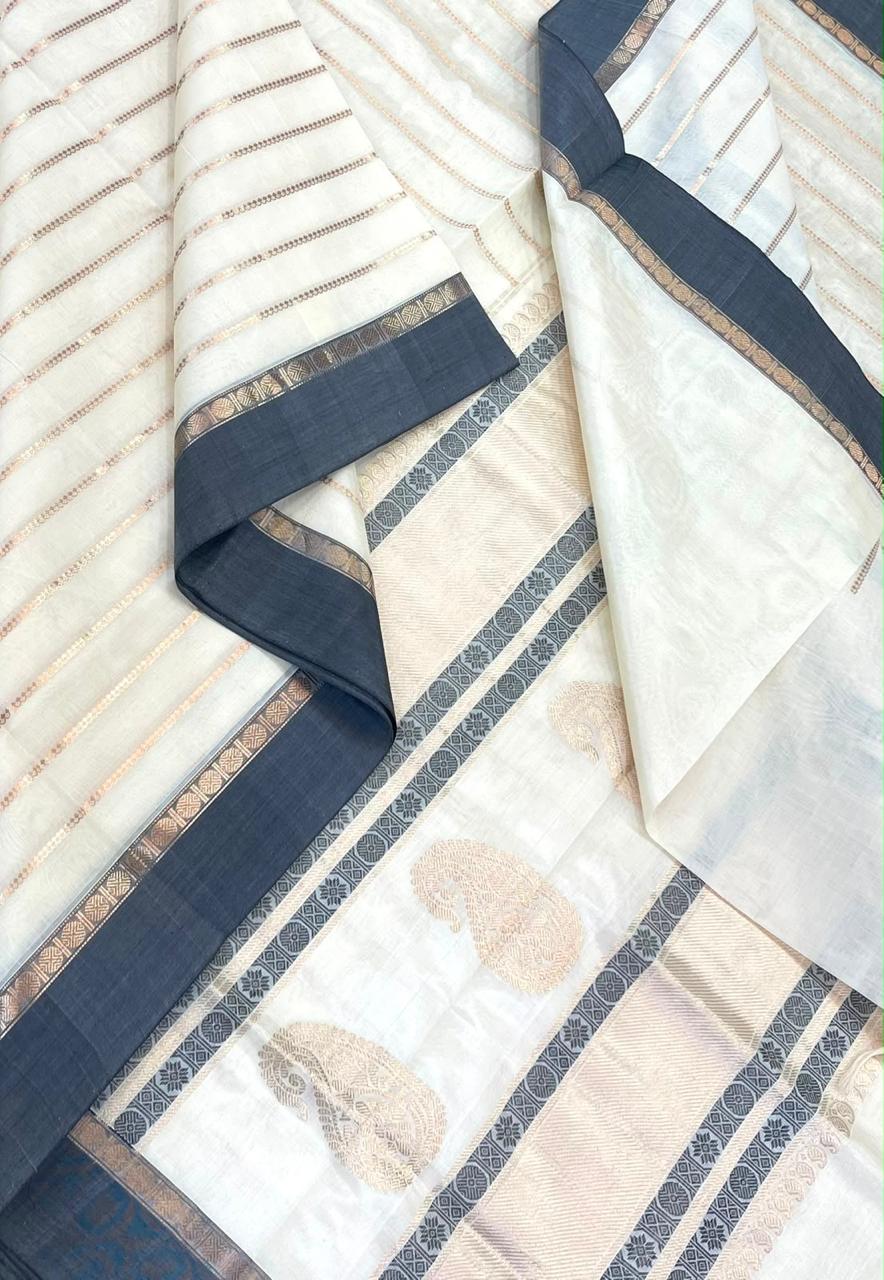 Kanchi Silk Cotton Sarees | luxury silk cotton | zari veldhari X mango motif zari | cream X grey
