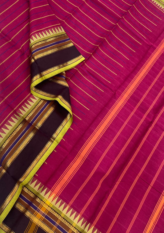 Kanchi soft cotton |thread woven veldhari | cherry pink x green x black