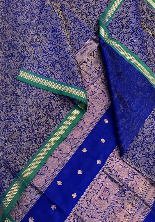 Kanchi Silk Cotton Sarees | tiny zari border x vanasingaram  | royal blue  X green