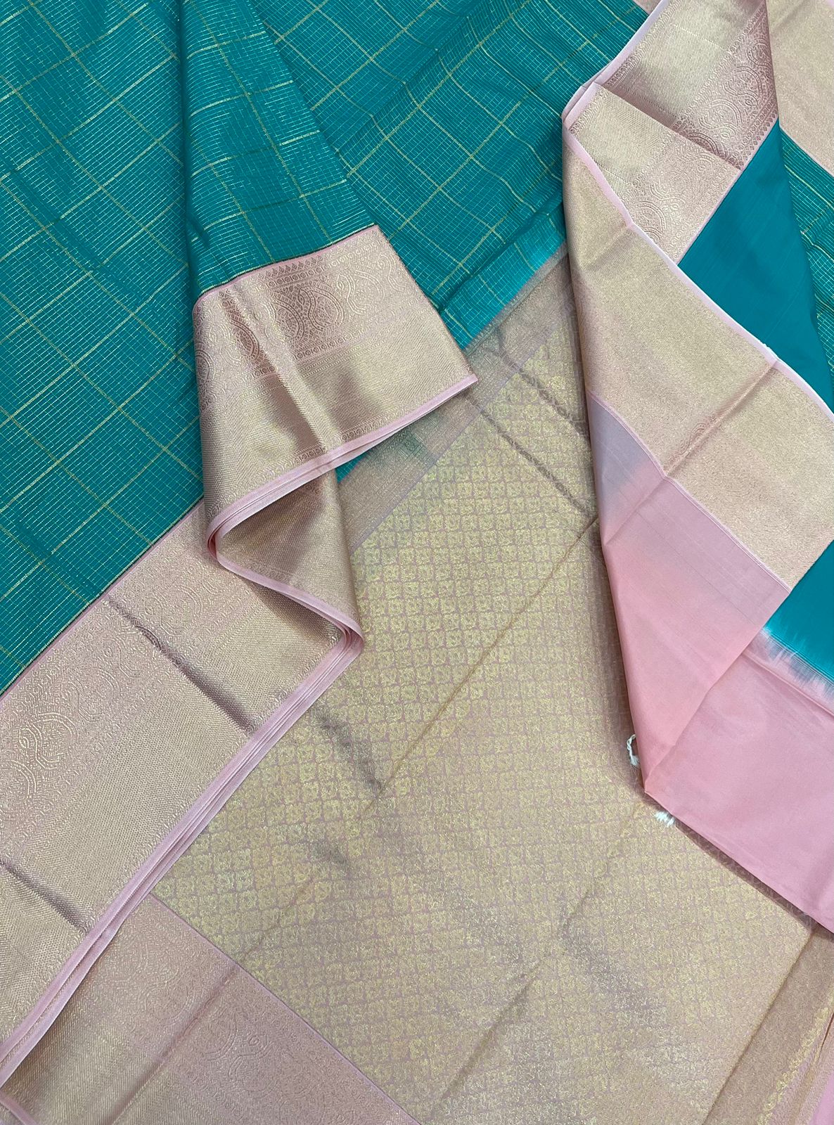 Vegan Silk Sarees Online |  teal blue x pastel pink | kattam X rich border